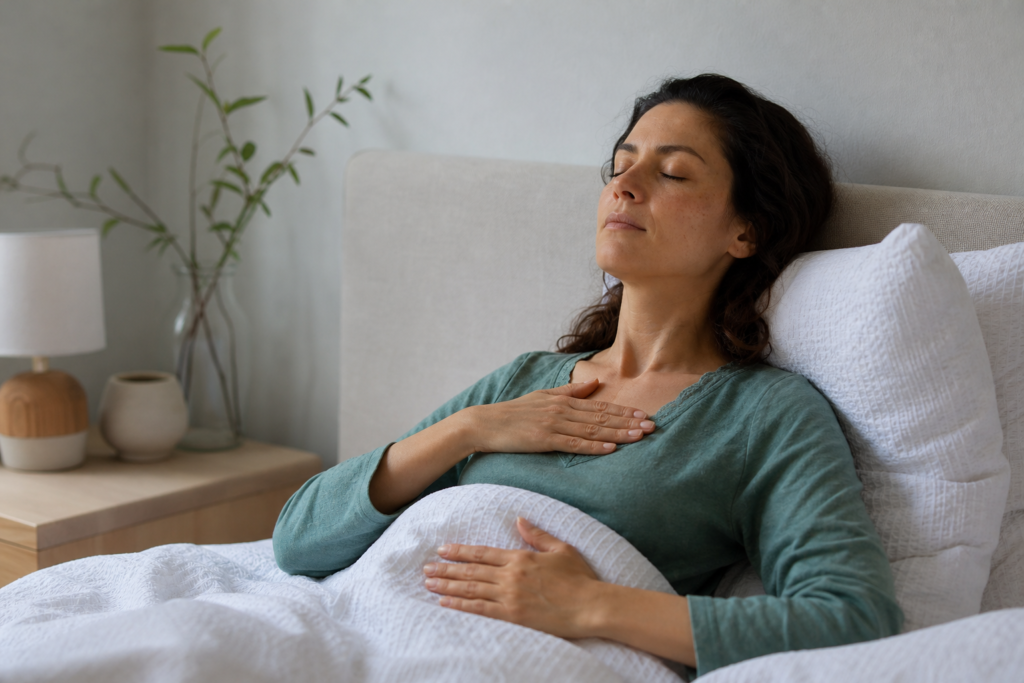 Adult in bed with eyes closed practicing slow breathing before sleep