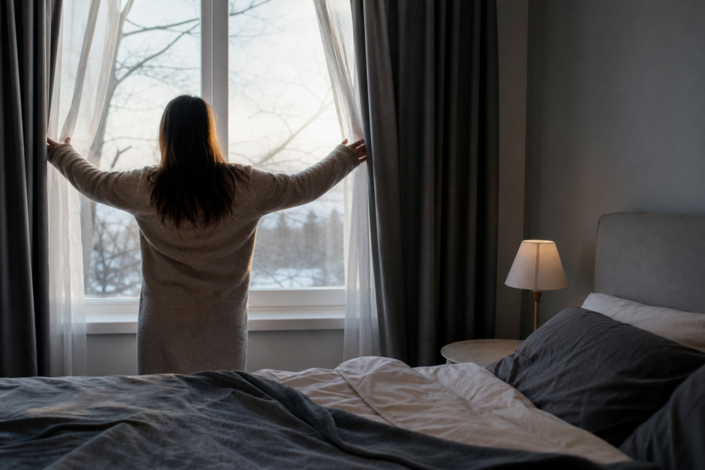 Adult opening bedroom curtains on a dark winter morning to let in natural light