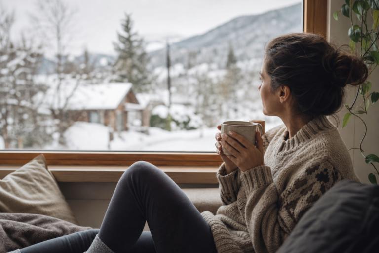 Adult sitting by a window on a winter morning with a warm drink, looking calm and rested.