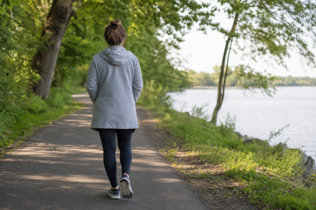 adult taking a short outdoor walk for stress relief during a busy week