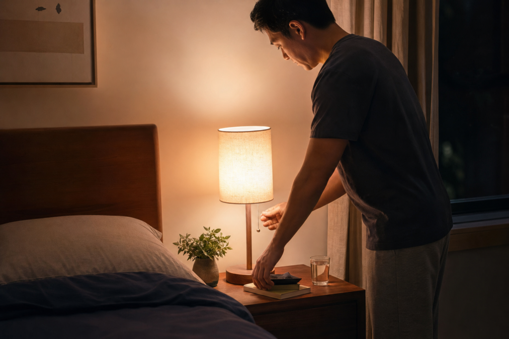 Adult winding down at night by dimming a lamp and tidying a bedside table