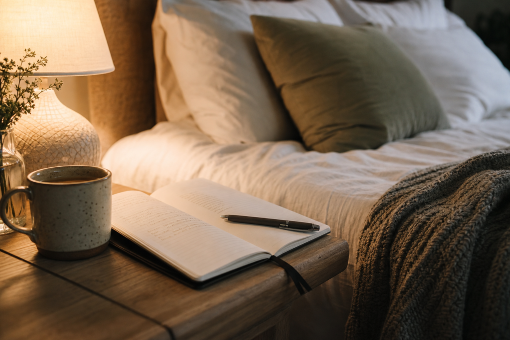 Bedside journal and soft light for a simple evening mental declutter routine