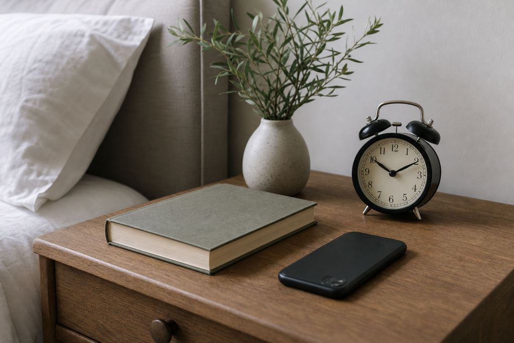 Bedside table with a phone facedown, a book and an alarm clock ready for a screen-free bedtime