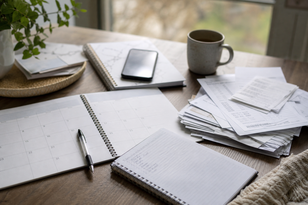 calendar, notebook, and household papers laid out for year-end planning