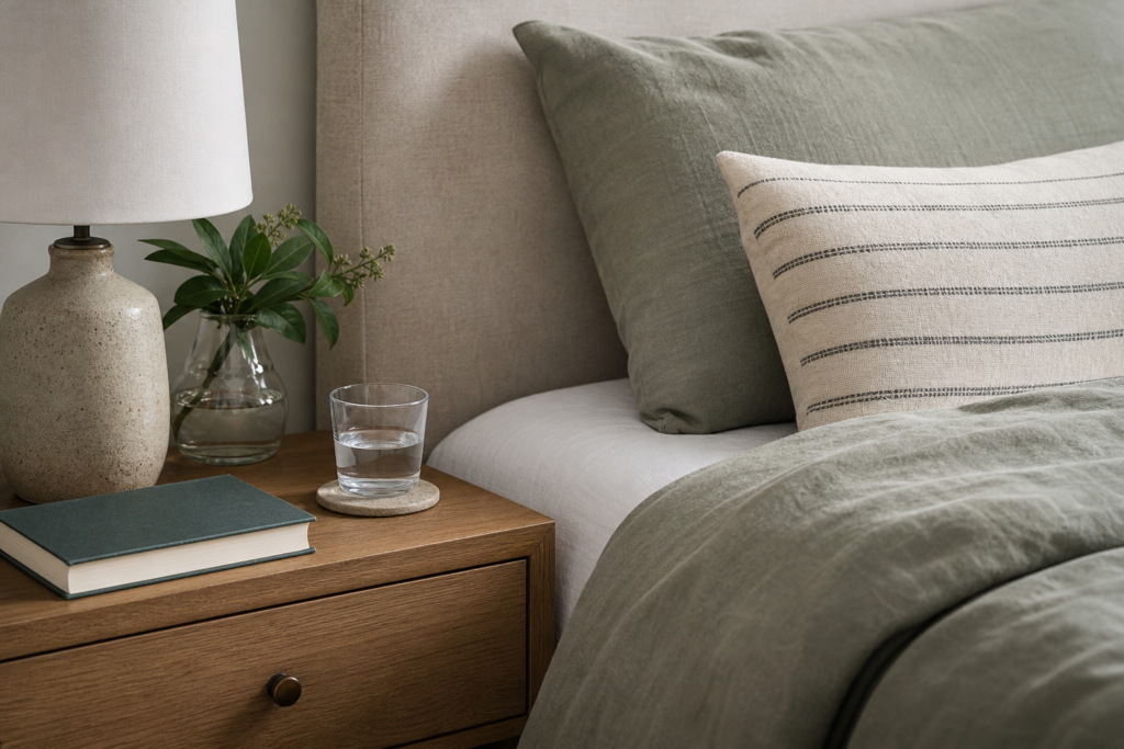 Calm bedroom setup with a tidy nightstand, book, and glass of water