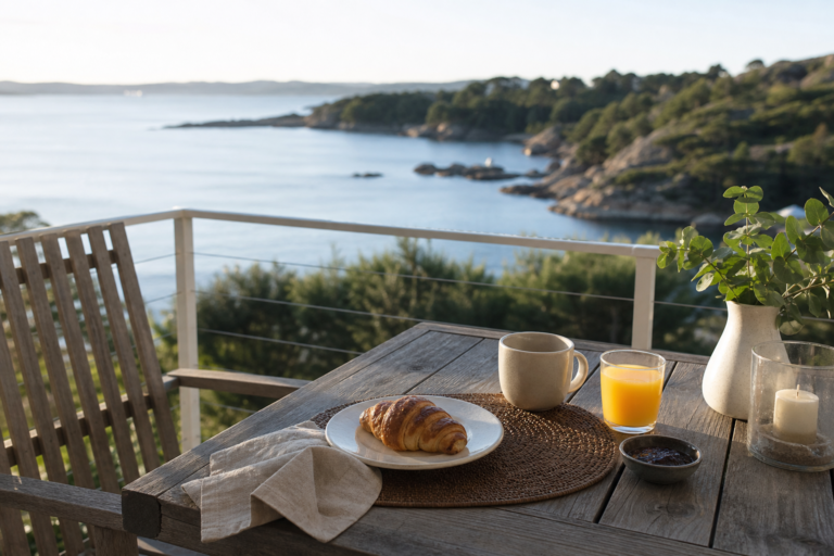 Calm morning scene with soft sunlight, water, and a simple breakfast setup