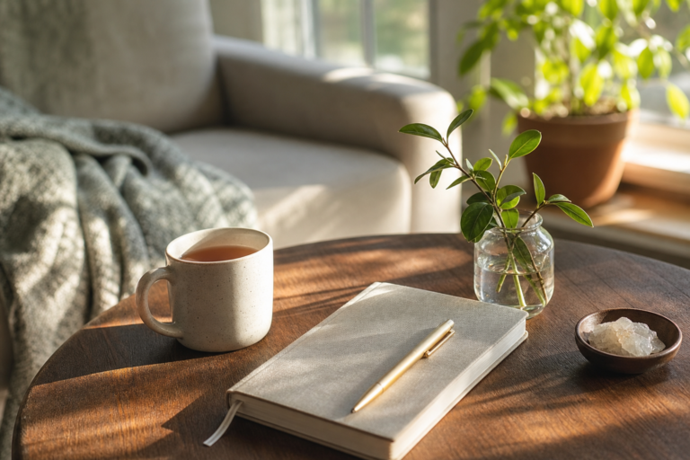 Calm morning setup at home with sunlight, tea and a journal