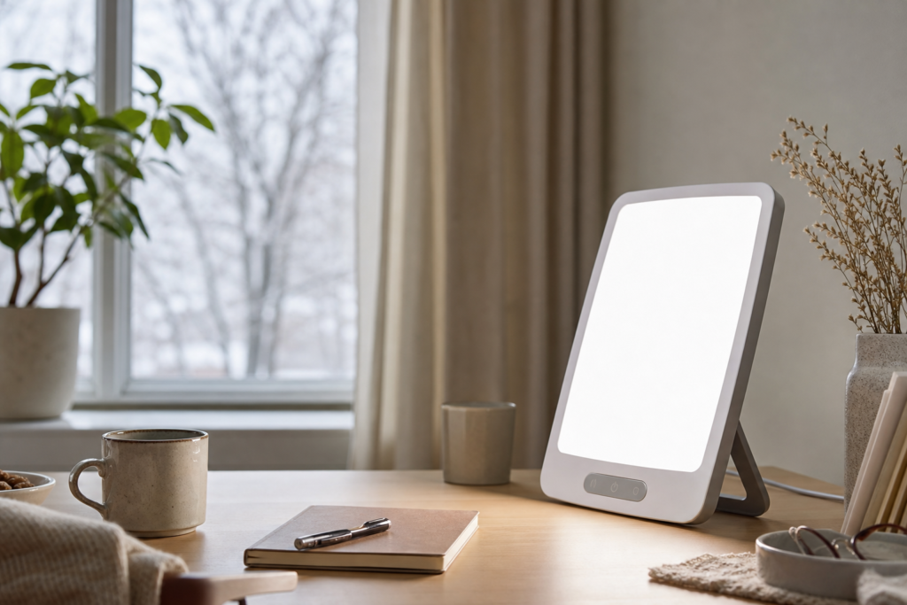 light therapy lamp on a desk during a winter morning routine