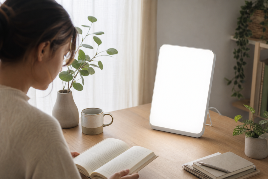 light therapy lamp on a desk near a person reading in the morning
