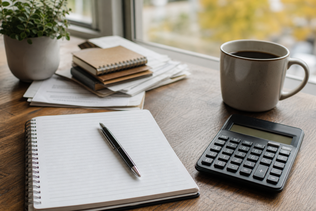Notebook, calculator, and coffee on a table for end-of-year money planning