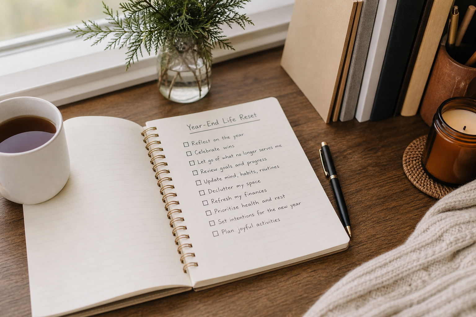 Notebook with a year-end life reset checklist on a tidy desk