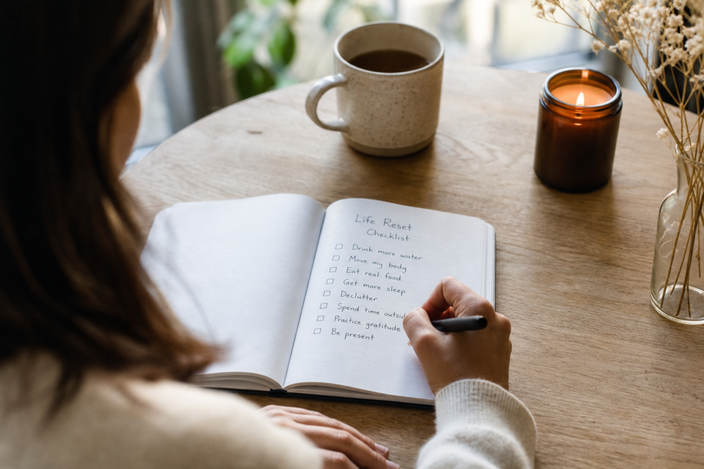 Person creating a short life reset checklist in a notebook