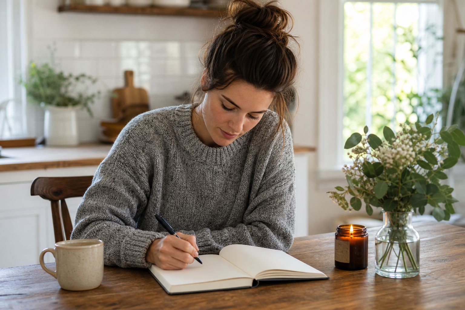 Person creating a simple life reset plan in a notebook at a kitchen table