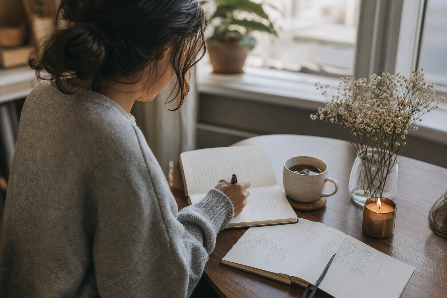 Person journaling with a notebook, tea, and planner while reflecting before the new year