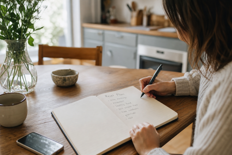 Person making a simple reset plan in a notebook at a kitchen table