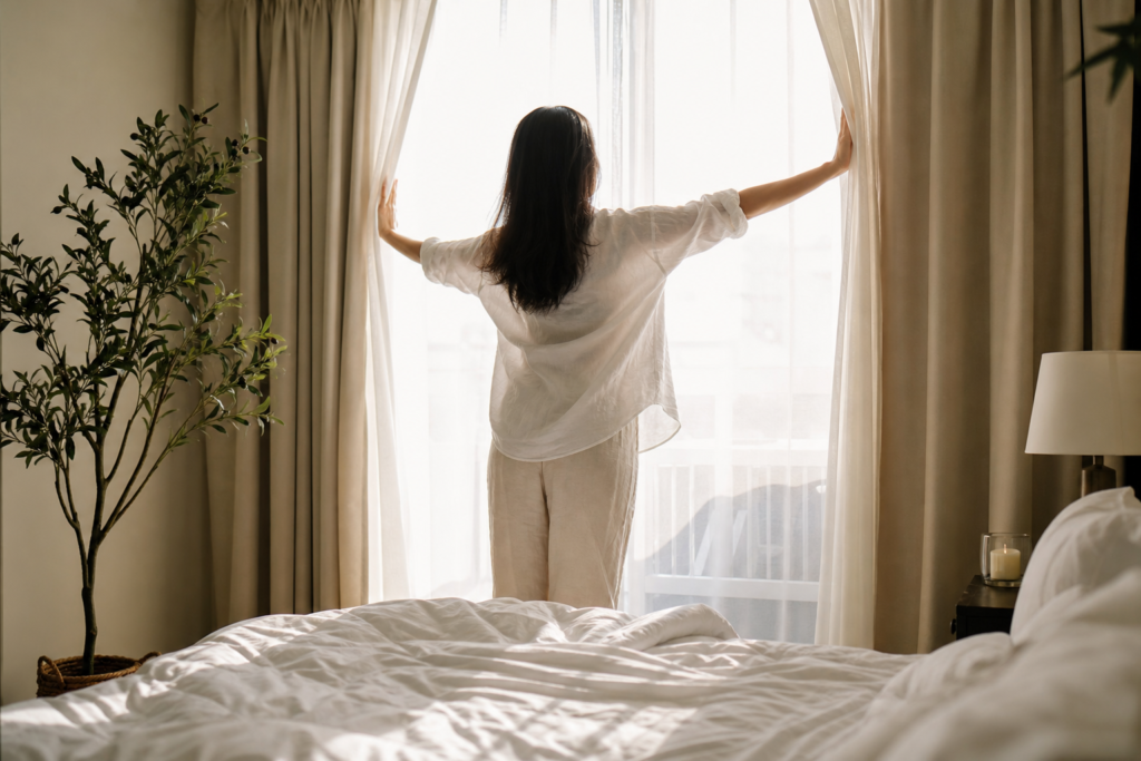 Person opening bedroom curtains to get natural light first thing in the morning