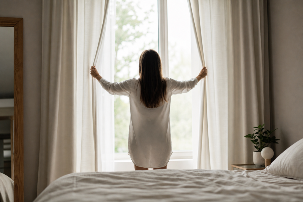 Person opening bedroom curtains to let in natural morning light