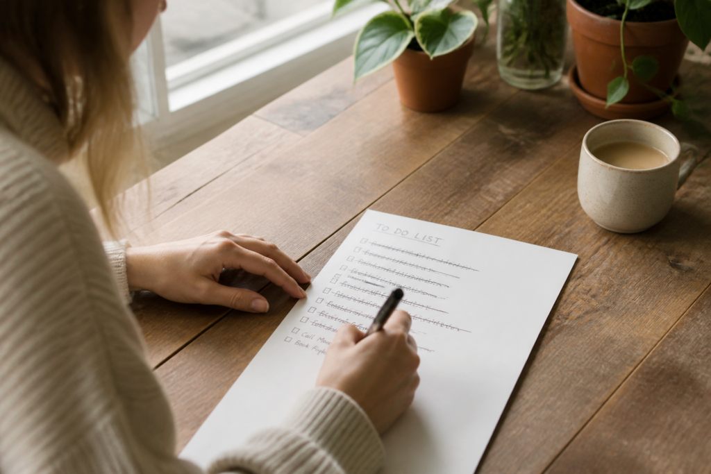 Person simplifying an overwhelming to-do list on paper