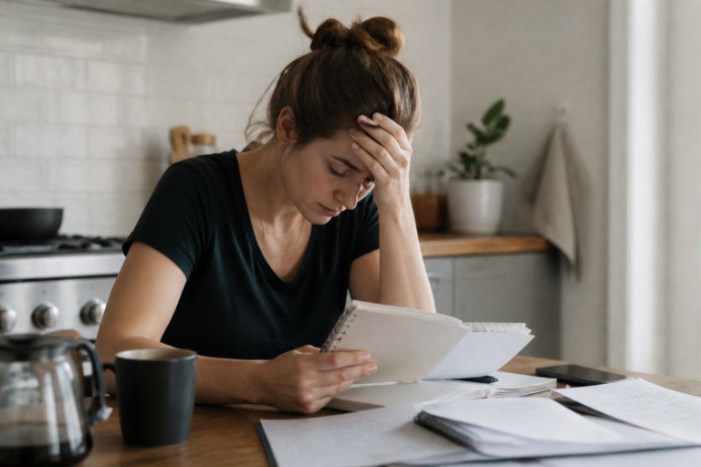 Person sitting at a kitchen table feeling overwhelmed while looking at a notebook