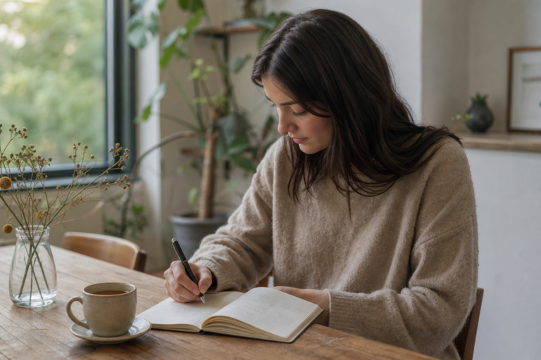 Person sitting at a table writing in a journal with a cup of tea nearby