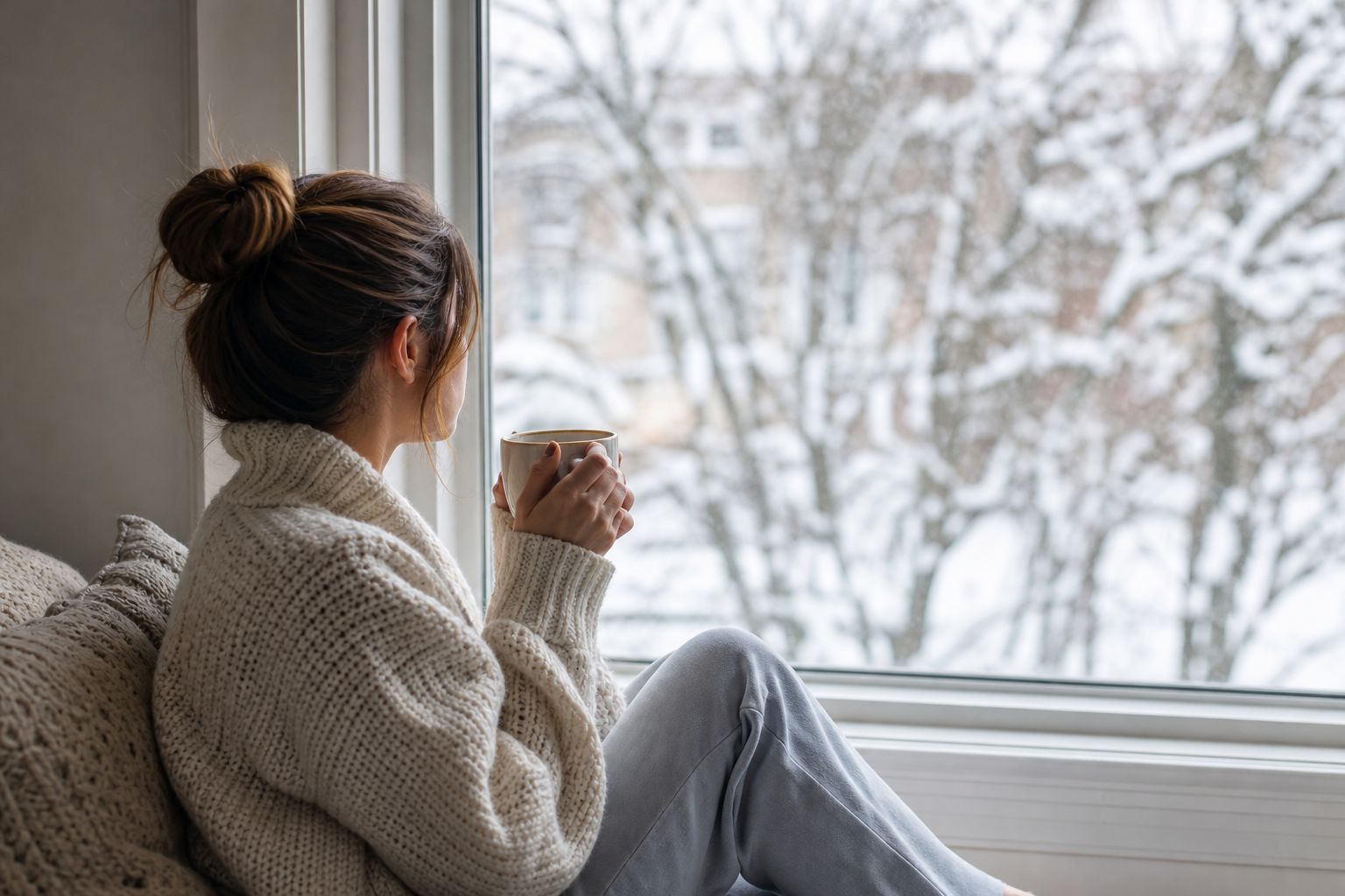 Person sitting by a bright window on a winter morning holding a warm drink