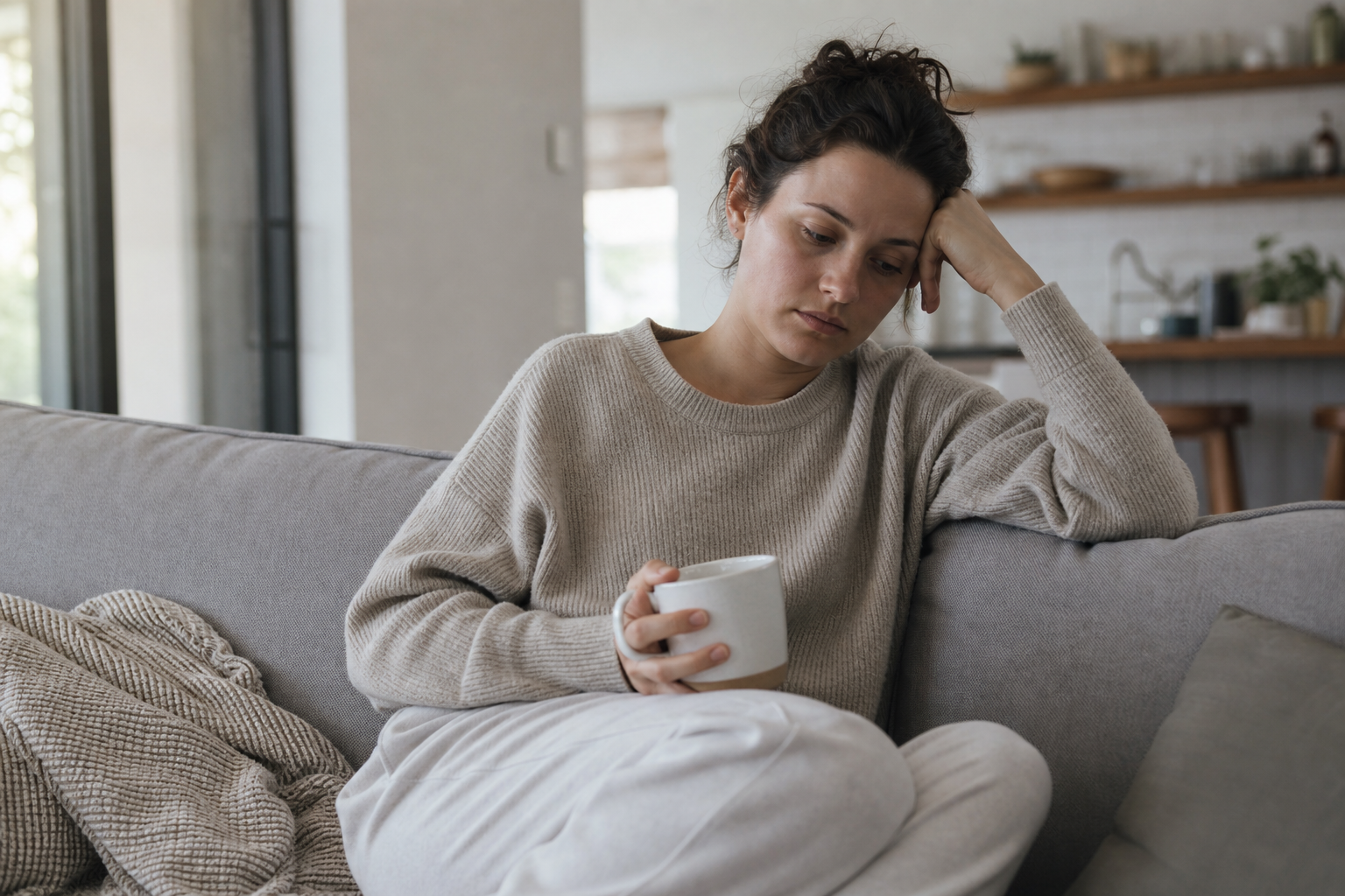 Person sitting quietly on a sofa looking emotionally drained while holding a mug