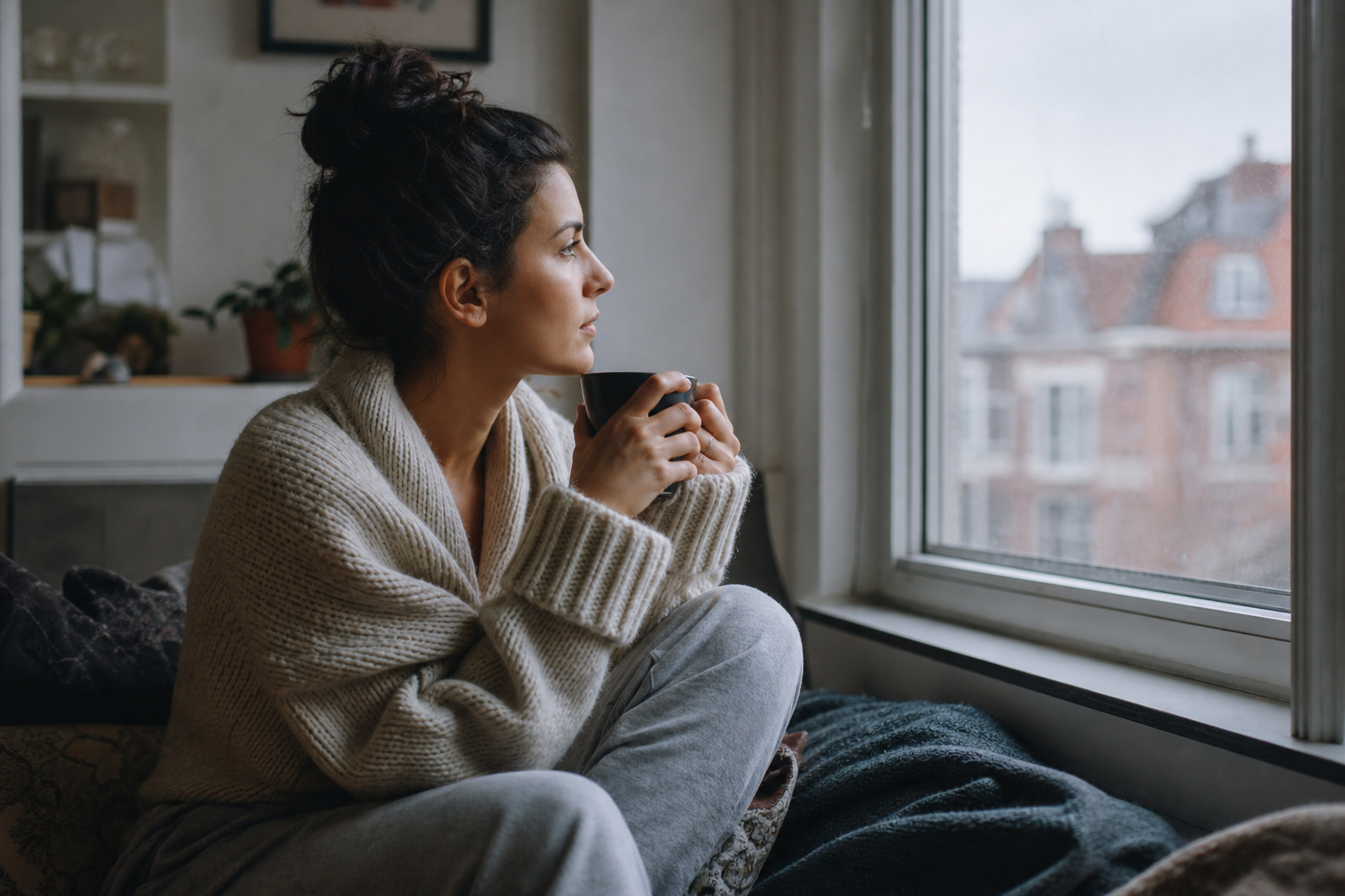 Person starting a dark winter morning with tea near a window for natural light
