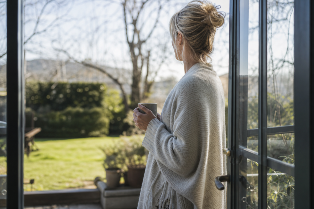 Person stepping outside for a brief morning pause in natural light