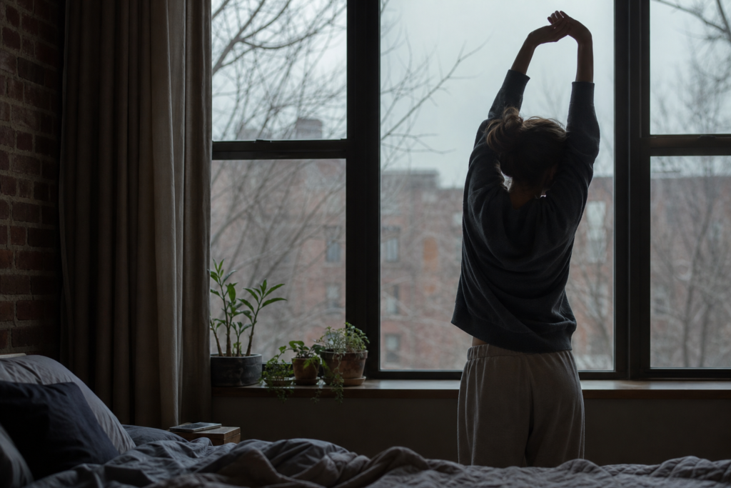 person stretching by a bedroom window on a dark winter morning