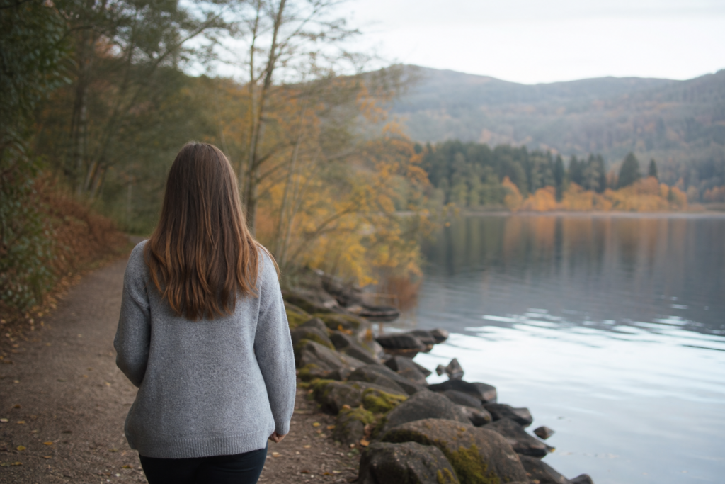 Person taking a gentle walk outside as part of a low-pressure mental health reset