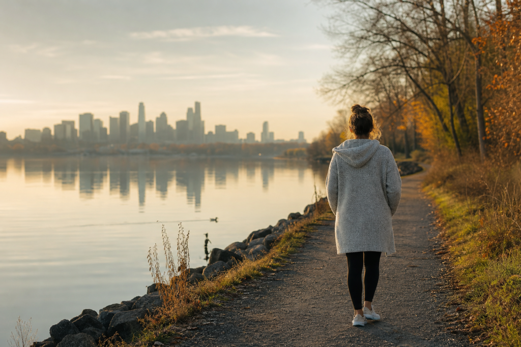 Person taking a solo morning walk while rebuilding life after a major change