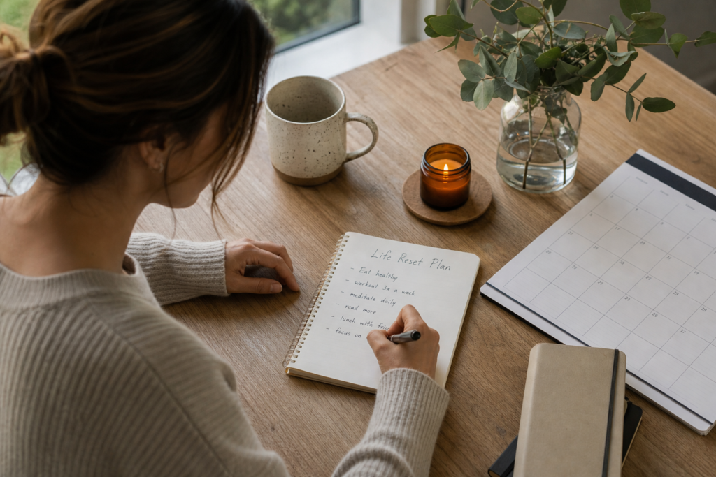 Person writing a simple life reset plan in a notebook with a calendar nearby