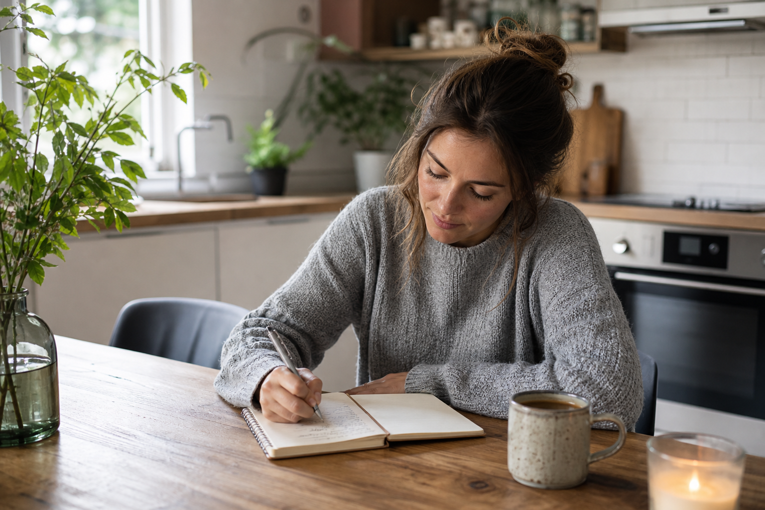 Person writing realistic New Year goals in a notebook at a kitchen table