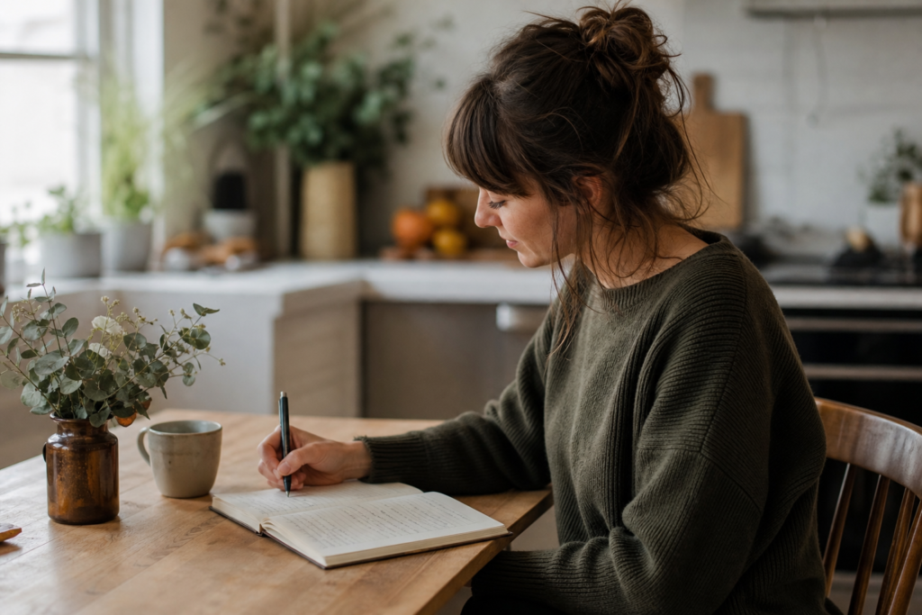 person writing year-end reflections in a notebook at a kitchen table