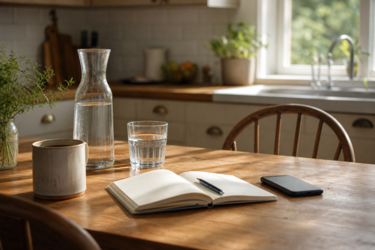 Quiet morning kitchen with soft sunlight, water, notebook, and phone turned face down