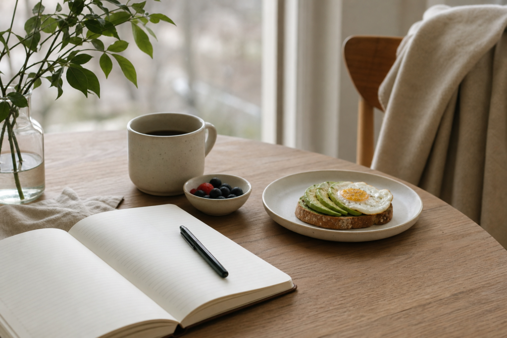 Simple breakfast and notebook on a table during a quiet morning routine