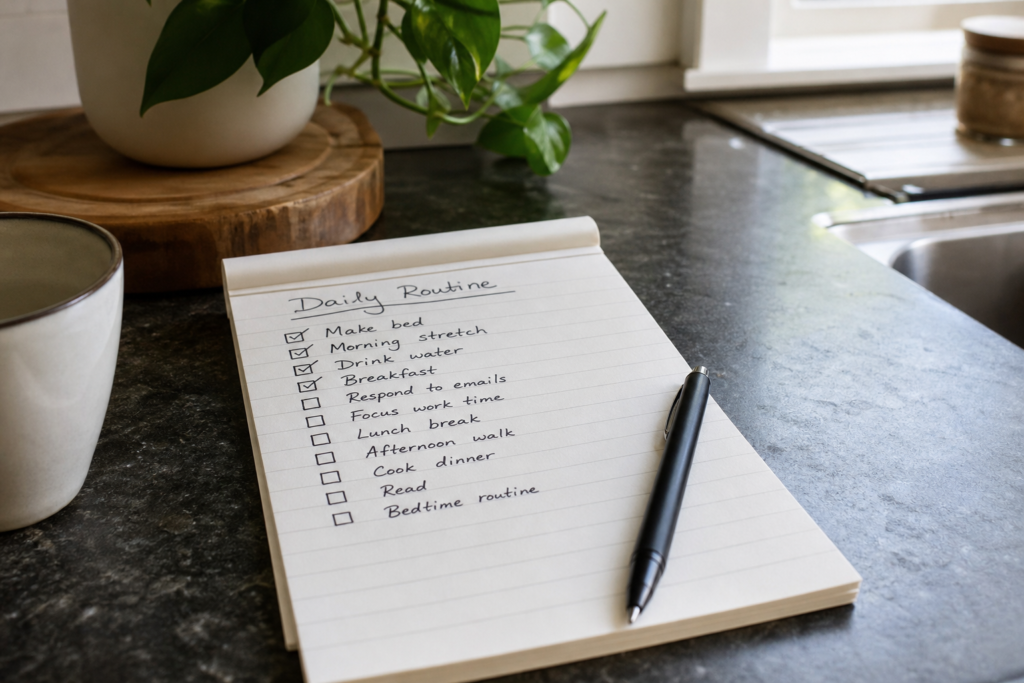 Simple handwritten daily routine checklist on a kitchen counter