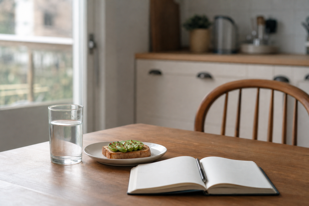 Simple low-stress morning setup with water, toast, and a notebook on a kitchen table