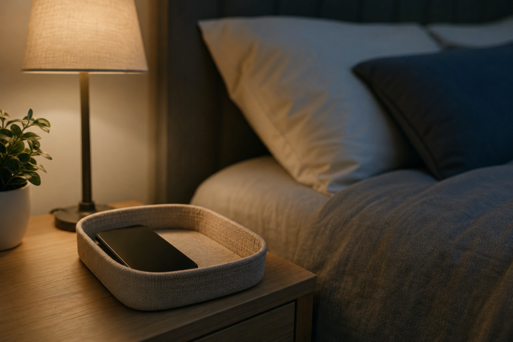 Simple nighttime setup with phone put away to support better sleep habits