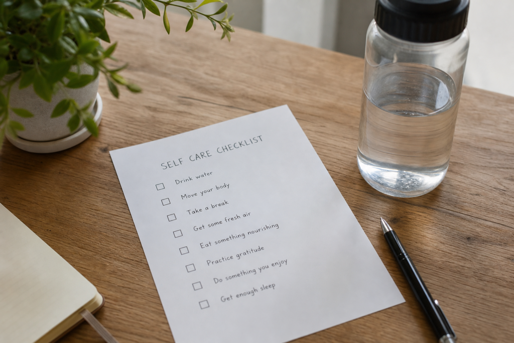 simple self care checklist on a desk beside a water bottle and pen