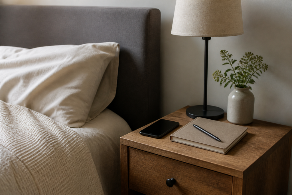 Simple sleep-friendly bedroom setup with phone off and notebook on a nightstand