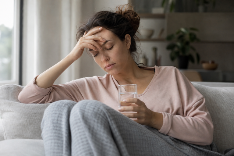 Tired woman on a couch holding a glass of water during a quiet moment at home