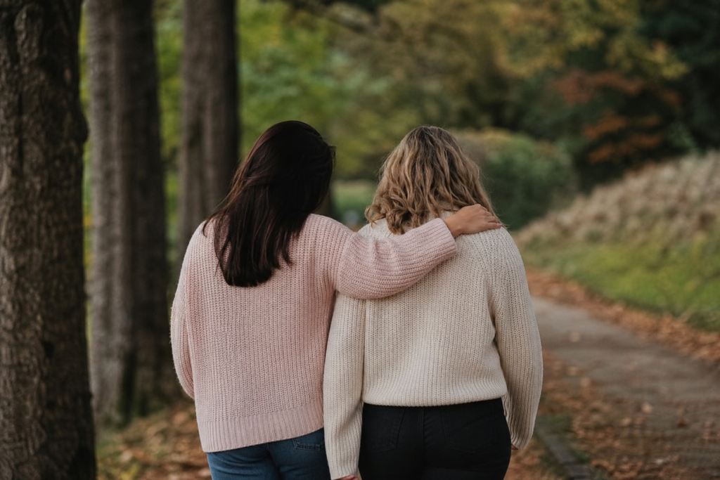Two friends taking a walk together for support and connection