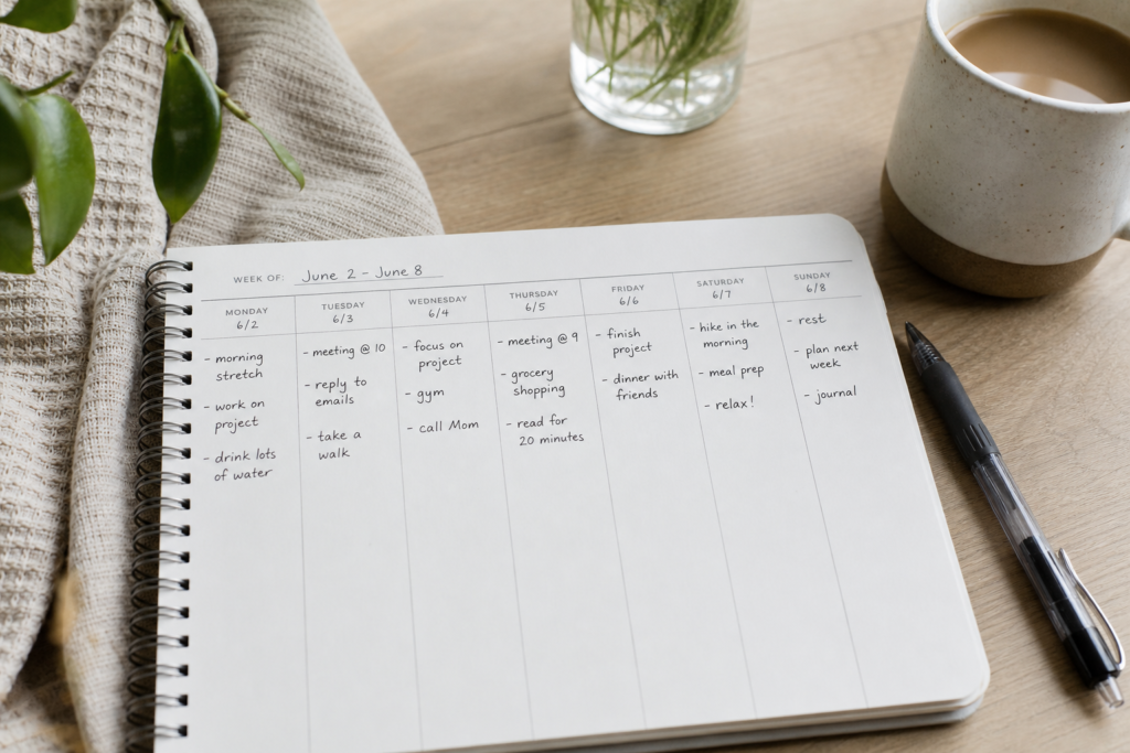 Weekly planner with small realistic goals written by hand