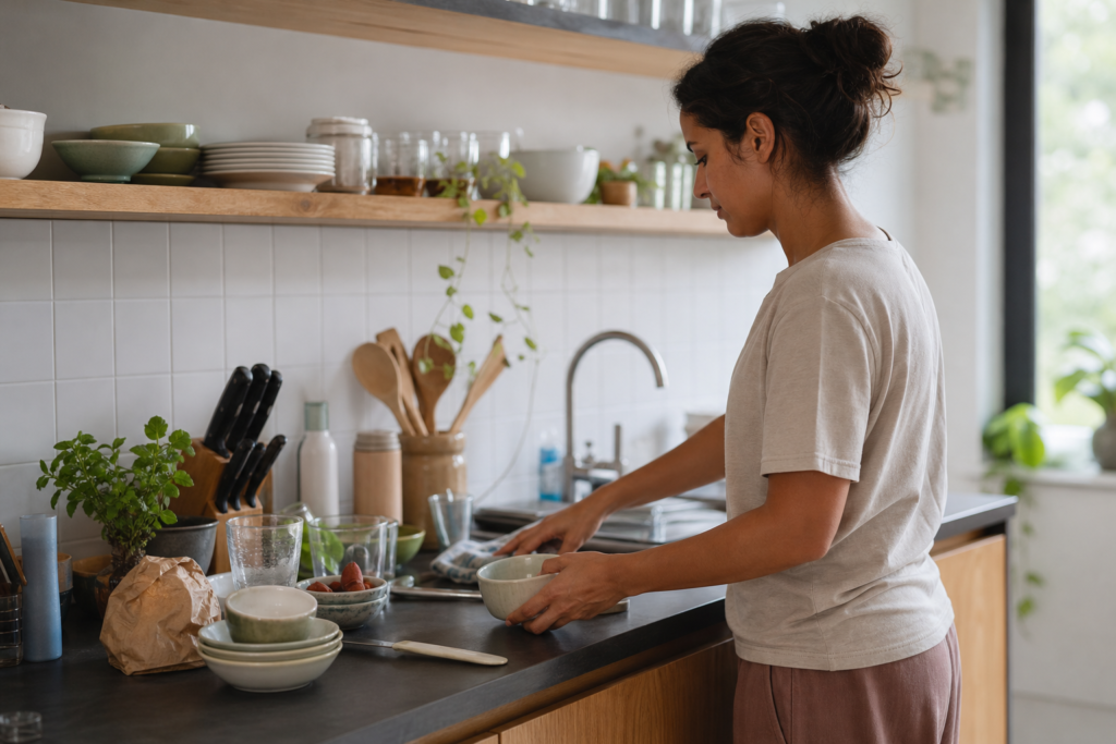 Woman clearing a small section of a cluttered kitchen counter