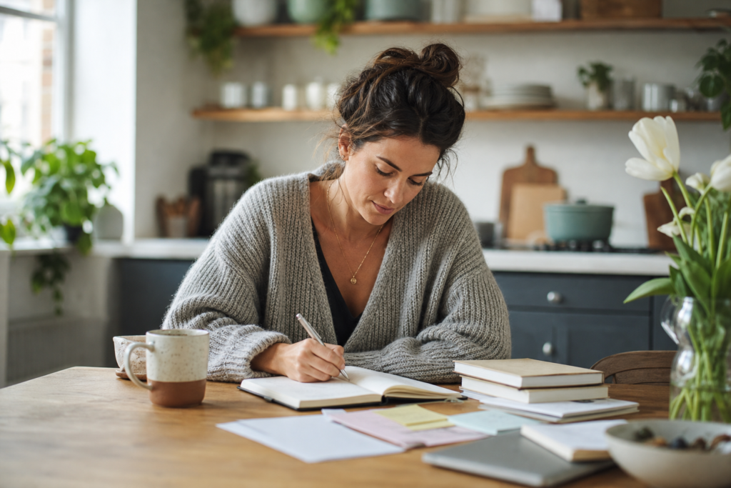 Woman in her 30s journaling and planning next steps at a kitchen table