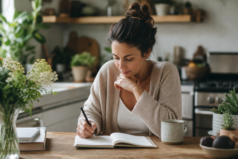 Woman in her 30s planning a fresh start with notebook and coffee at a kitchen table