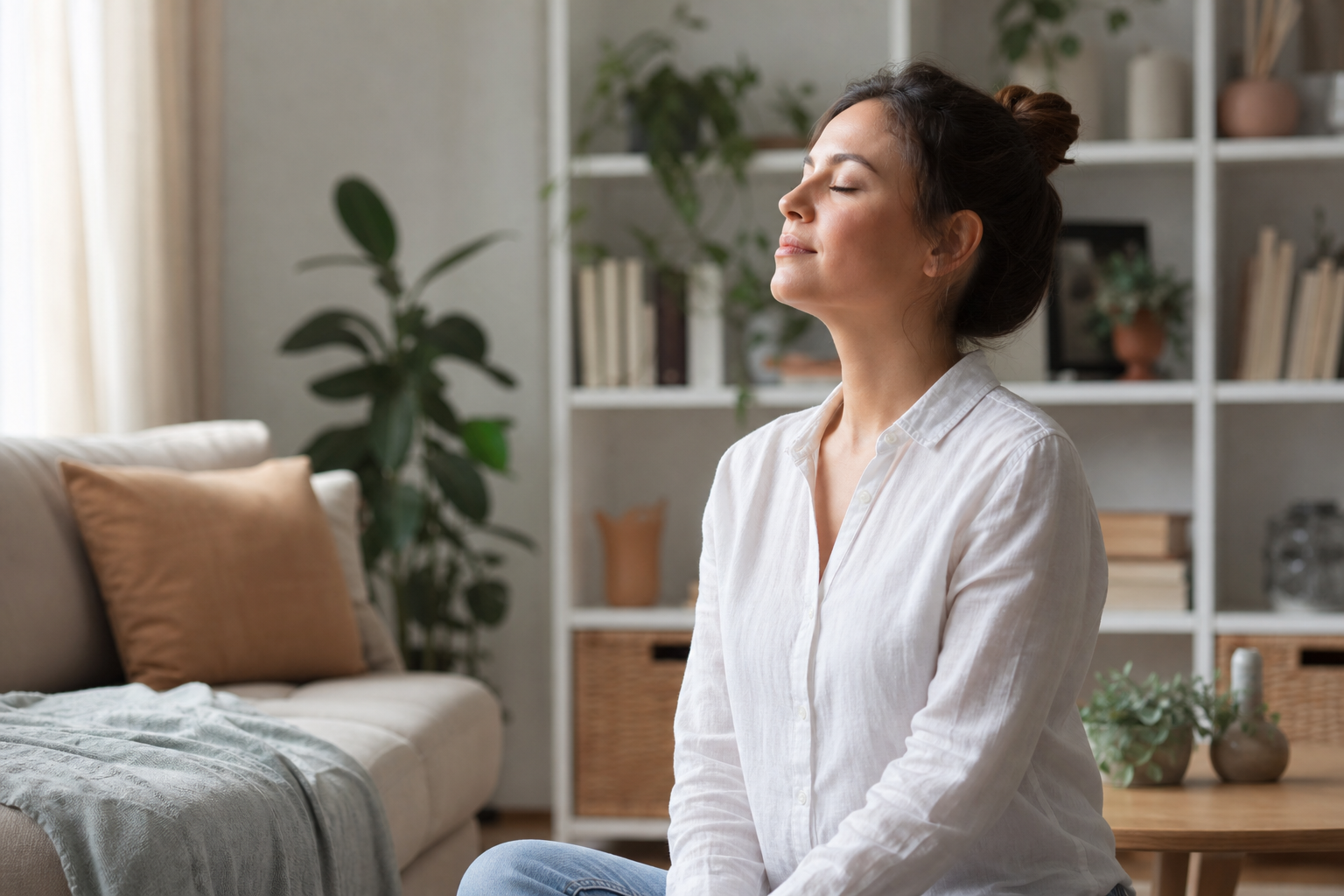 Woman pausing in a tidy living room and taking a calming breath