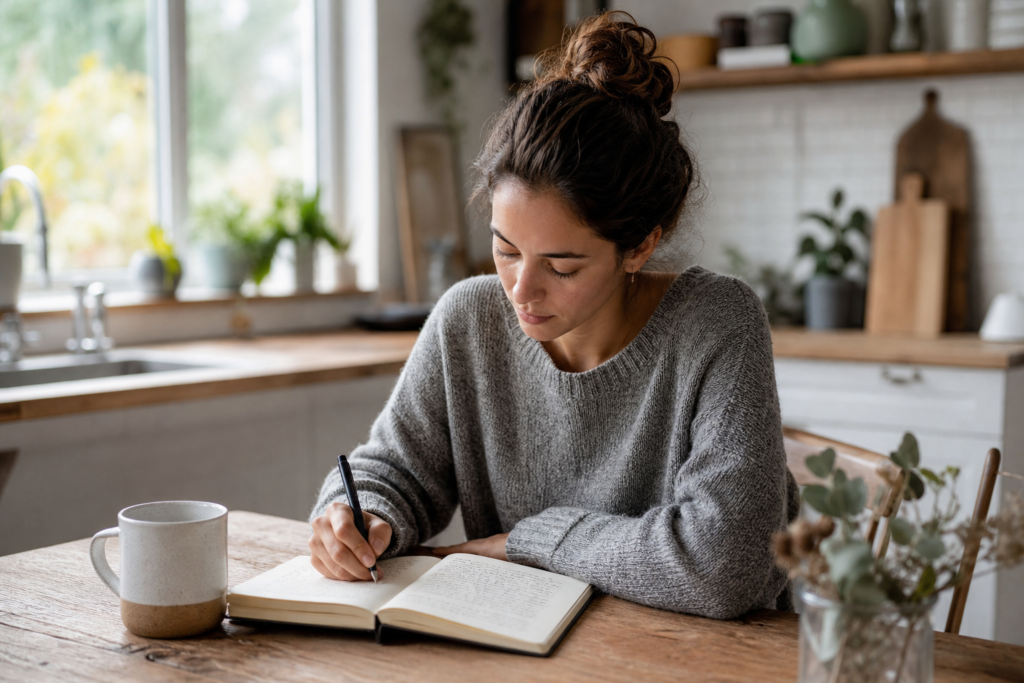 Woman quietly journaling at a kitchen table to process emotions