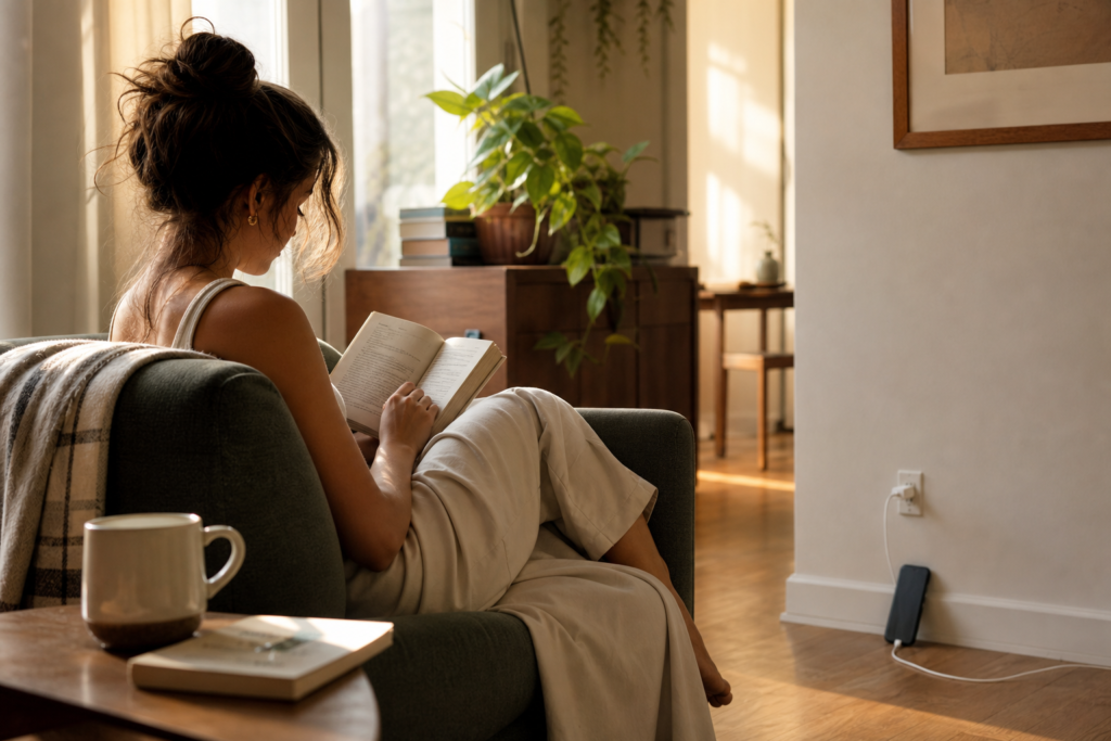 Woman reading a book in warm light while her phone charges across the room
